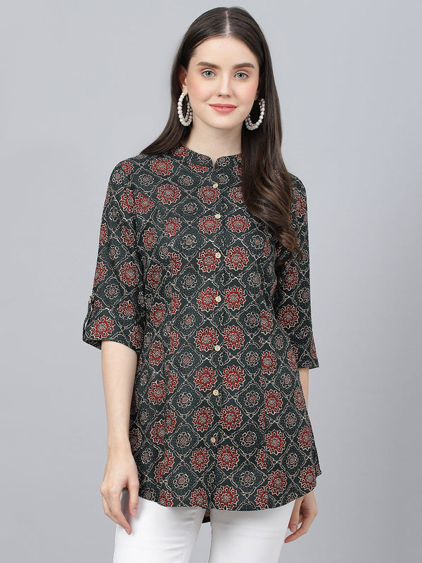 Women's Black Abstract printed Rayon A-line Shirts Style Top - Taantav