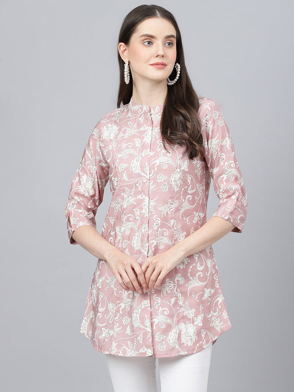 Women's Dusty pink Floral printed Modal A-line Shirts Style Top - Taantav