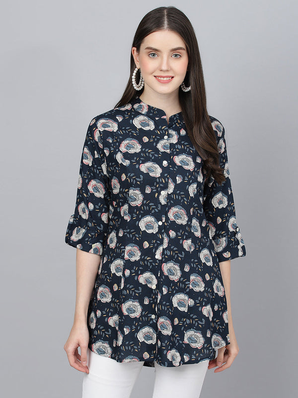 Women's Blue Floral printed Rayon A-line Shirts Style Top - Taantav