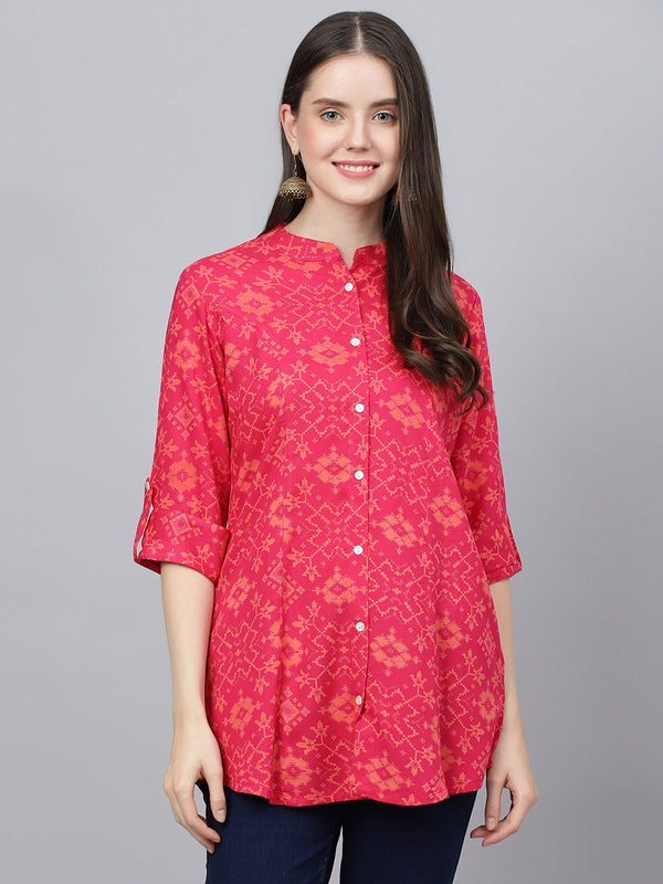 Women's Pink Abstract printed Rayon A-line Shirts Style Top - Taantav