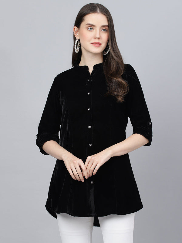 Women's Black Solid Velvet A-line Shirts Style Top - Taantav