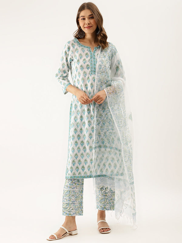 Women's White Sea Blue Handblock Floral Printed Cotton Kurta Set With Kota Doria Dupatta - Noz2Toz