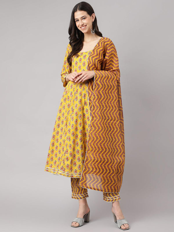 Women's Yellow Cotton Anarkali Kurta Pant Set with Dupatta - Taantav