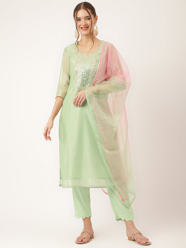 Women's Green Pink Embroidered Chanderi Kurta, Trouser With Dupatta - Taantav