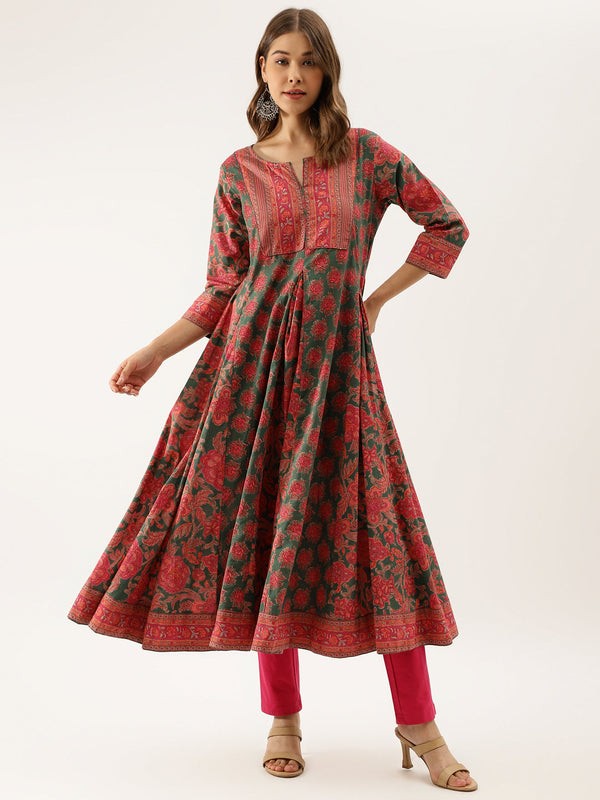 Jashvi Green Floral Printed Flared Kurta Dress for Women