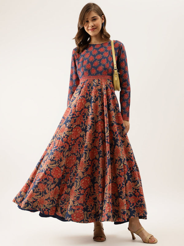 Jashvi Blue Maroon Floral Printed Cotton Ethnic Long Kurta for Women