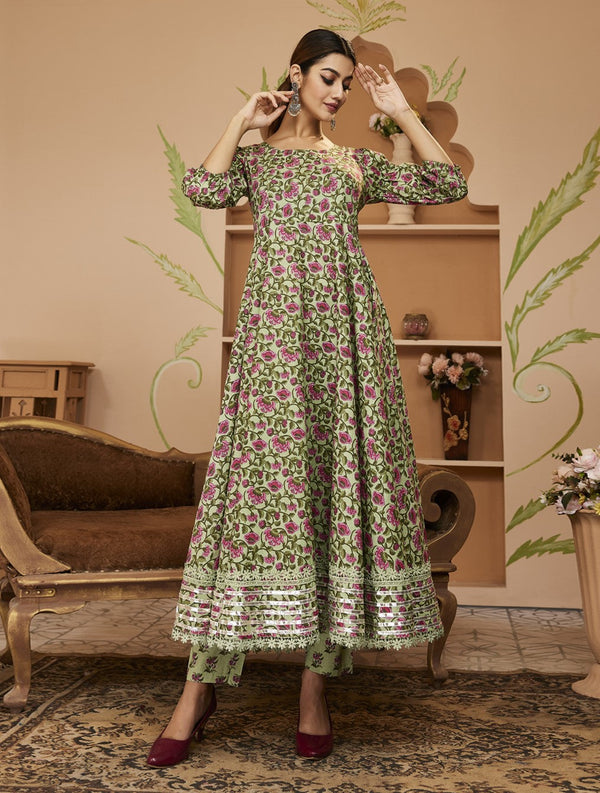 Jashvi HandBlock Floral Printed Green Anarkali Cotton Kurta With Trousers