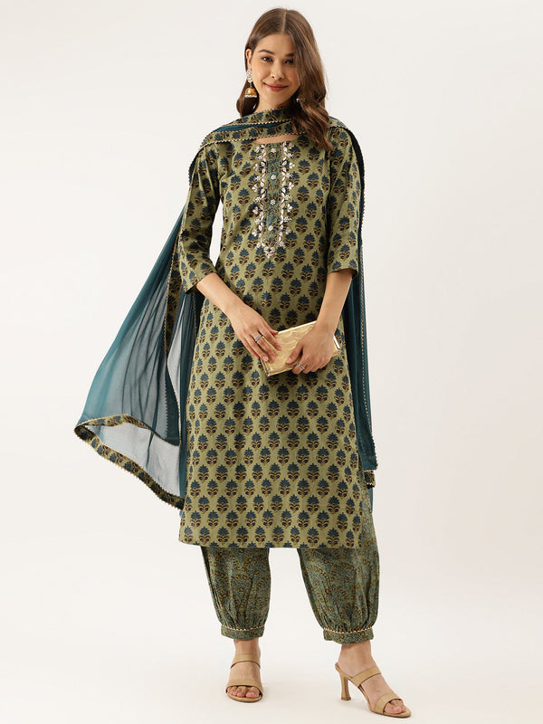 Women's Green Floral Print Cotton Embroidered Kurta Set With Dupatta - Noz2Toz