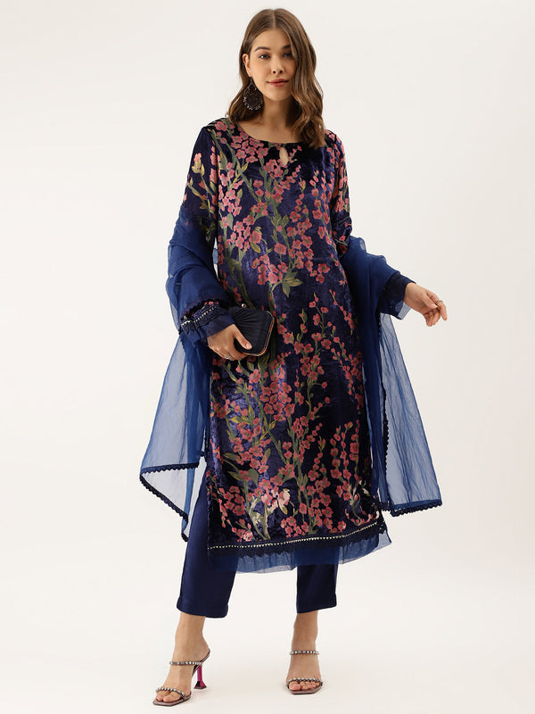 Women's Blue Floral Burnout Velvet Kurta Set With Organza Dupatta - Noz2Toz