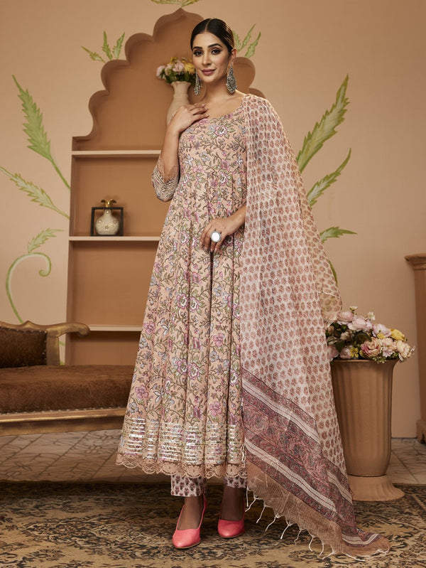 Jashvi Handblock Floral Printed Beige Anarkali Cotton Kurta With Trousers & Dupatta