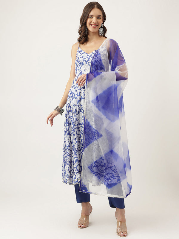 Women's Blue Muslin Floral Printed Kurta, Trouser with Dupatta Set - Taantav