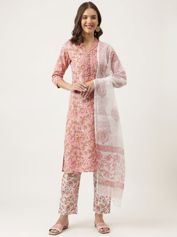 Women's Pink Floral Printed Cotton Kurta, trouser with Dupatta Set - Taantav