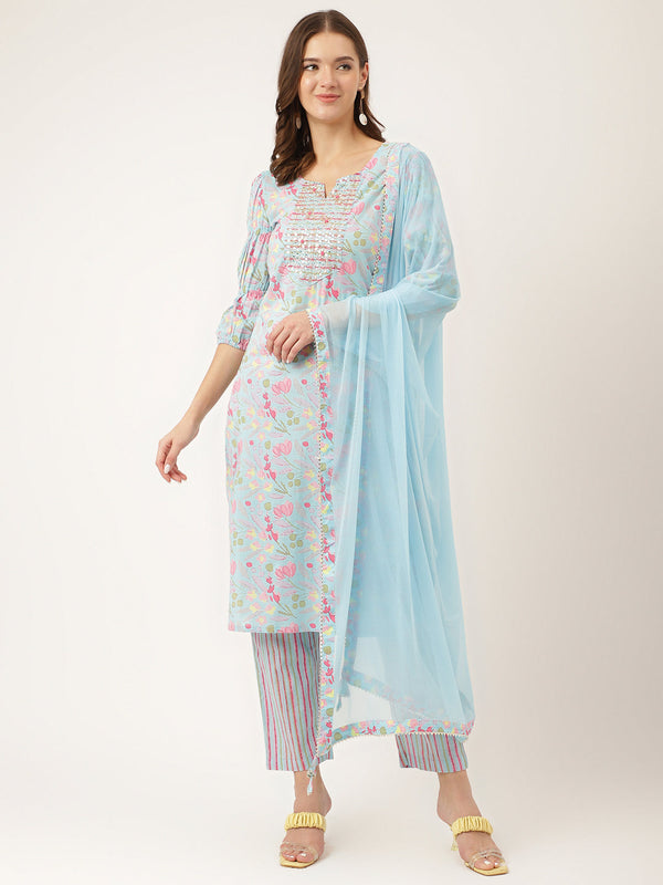 Women's Blue Floral Print Cotton Kurta, Trouser With Dupatta - Taantav