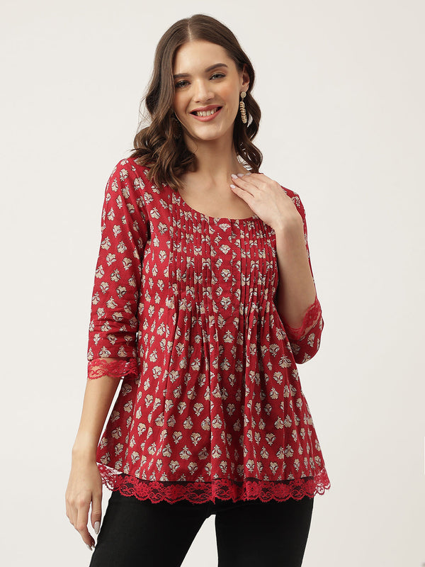 Women's Maroon Floral Printed Cotton Peplum Top - Taantav