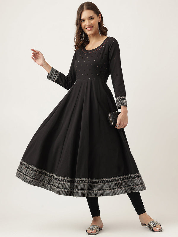 Women's Black Embroidered Cotton Anarkali Kurta - Taantav