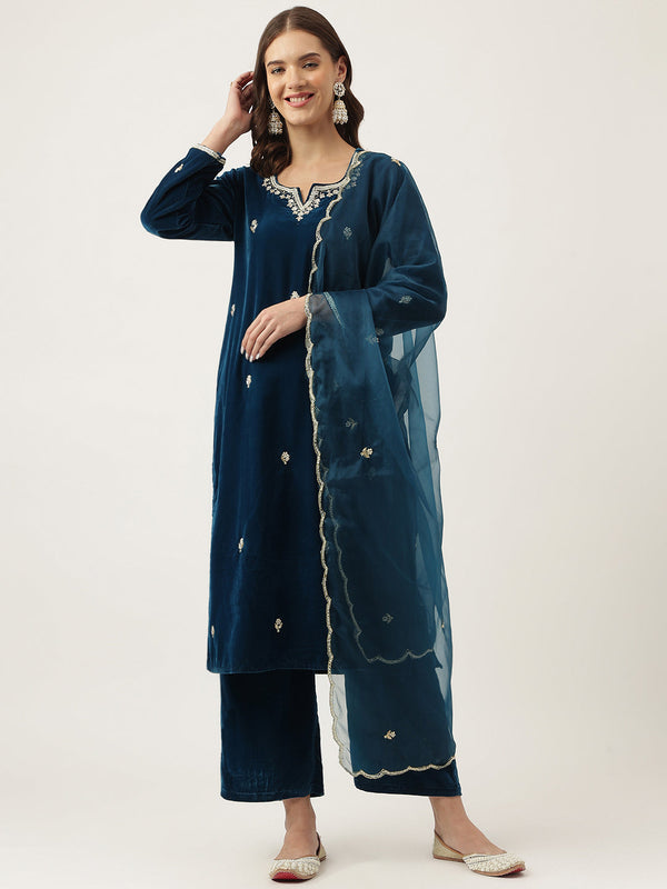 Women's Royal Blue Hand Embroidered Velvet Straight Kurta, trousers with Dupatta Set - Taantav