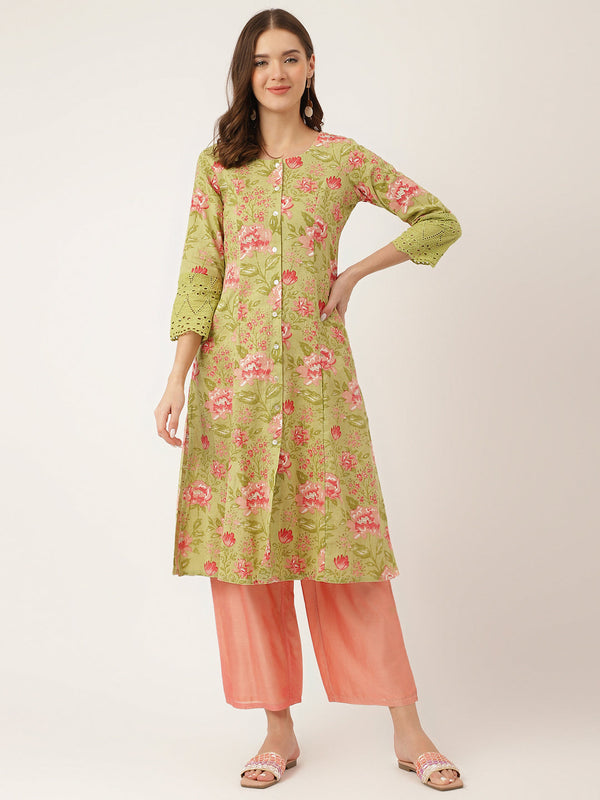 Women's Green Floral Print Cotton A-Line Kurta - Taantav