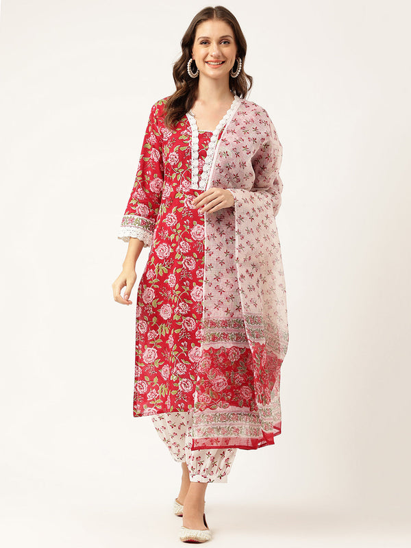 Women's Floral Hand Block Printed Kurta Trouser & Kota Dori Dupatta Set - Taantav