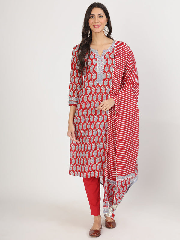 Women's Maroon Floral Print Cotton Kurta pants with Dupatta set for women - Taantav