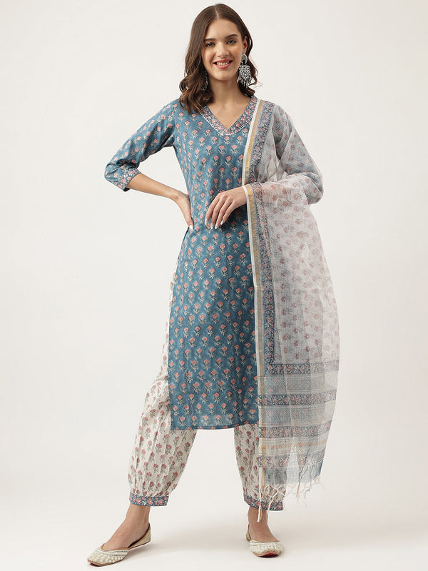 Women's Blue Floral Printed Cotton Embroidered kurta, Trouser with Dupatta - Taantav