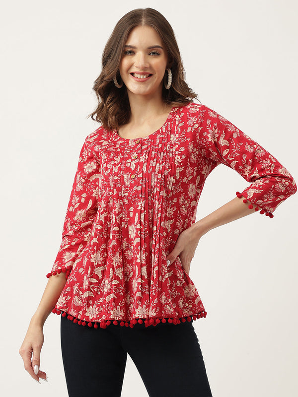 Women's Rani Pink Floral Printed Cotton Peplum Top - Taantav