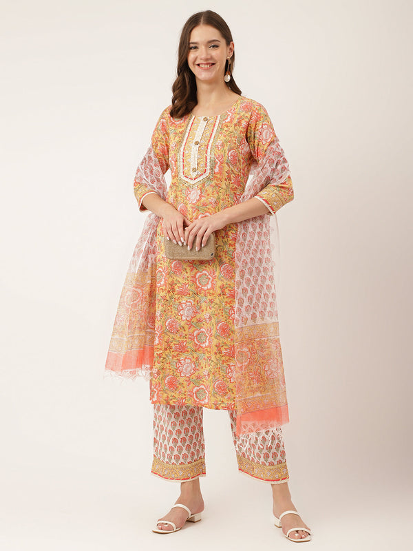 Women's Yellow Hand Block Floral Print Cotton Kurta, Trouser With Dupatta - Taantav