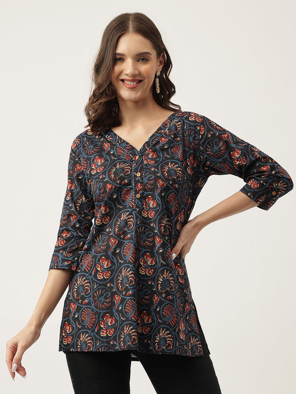 Women's Navy Blue Floral Printed Cotton Peplum fit V-Neck Top - Taantav