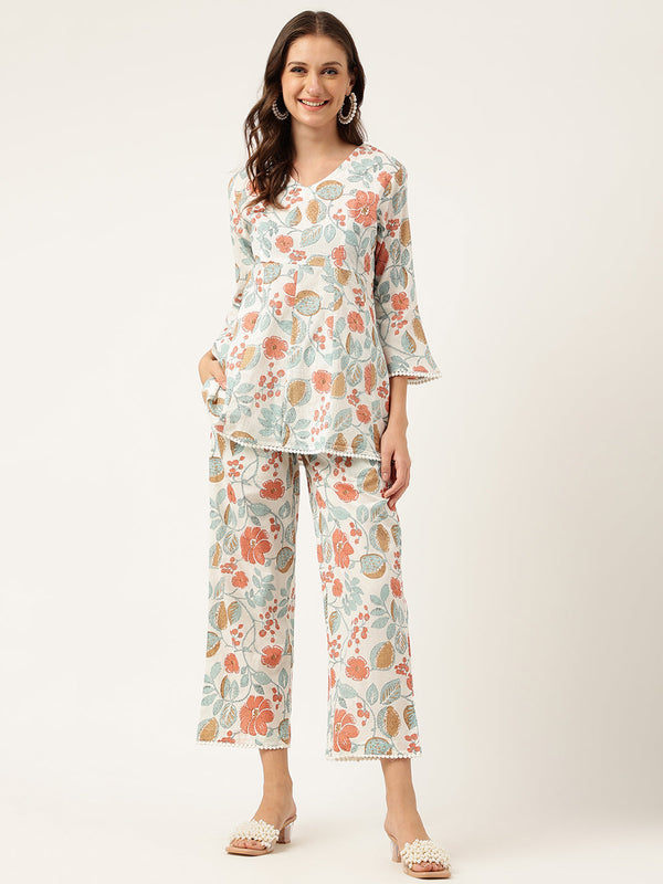 Women's Floral Printed Pure Cotton Tunic With Trousers - Taantav