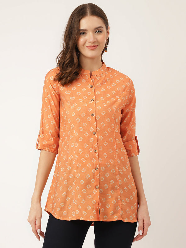 Women's Mustard Printed Chanderi Silk Regular Top - Taantav