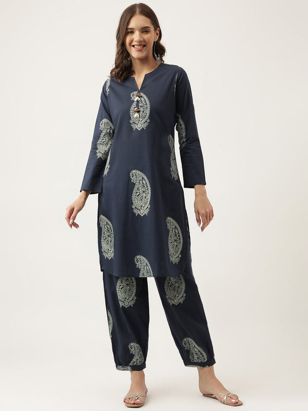 Women's Black Cotton Paisley Print Kurta Hem Cuffed Pant set - Taantav