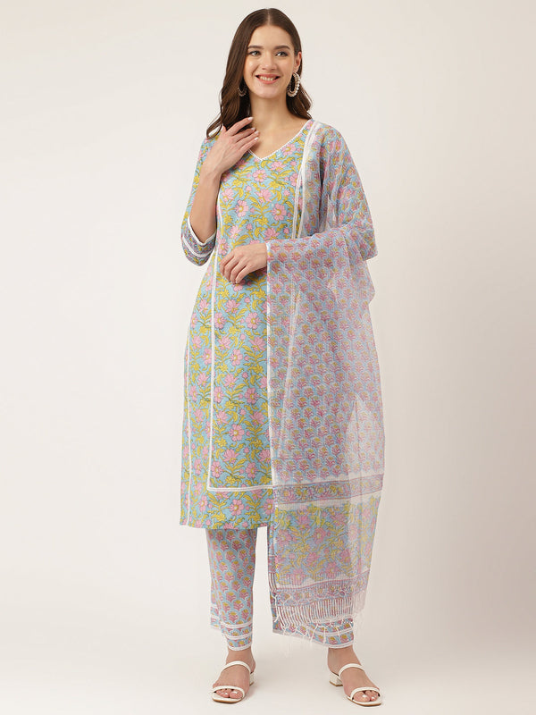 Women's Blue Floral Print Cotton Kurta, Trouser With Dupatta - Taantav