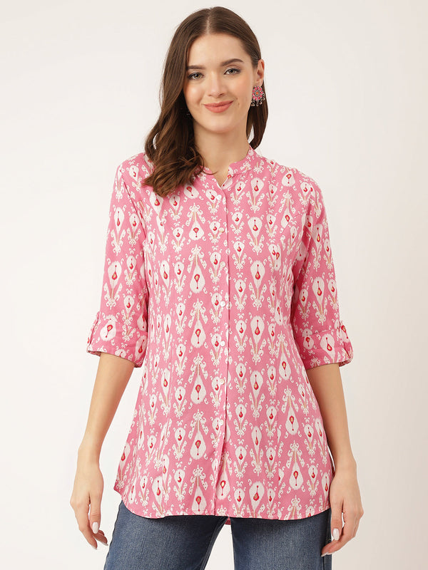 Women's Pink Floral Print Rayon Regular Top - Taantav