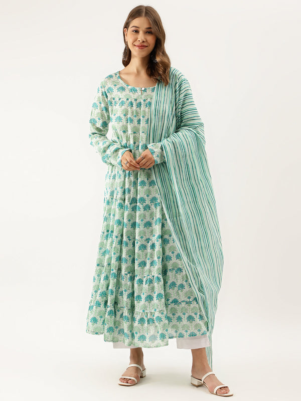 Women's Green Handblock Floral Printed Cotton Kurta Set With Dupatta - Noz2Toz