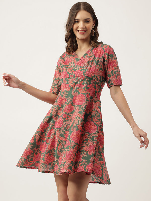 Women's Grey Pink Floral Printed Cotton Fit & Flare Dress - Taantav