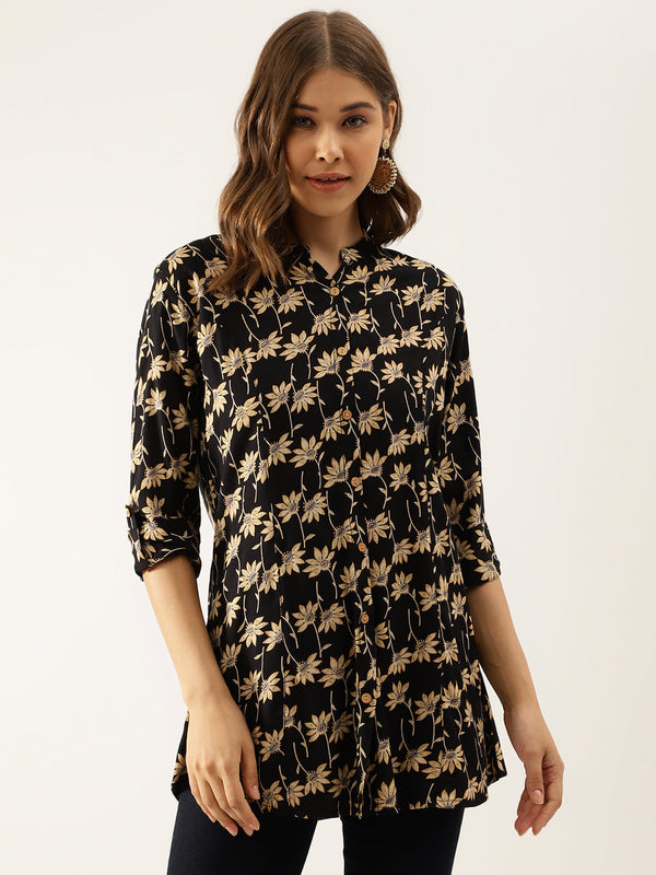 Women's Black Floral Printed Rayon Shirt type Top for Women - Taantav