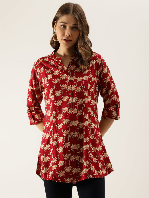 Women's Maroon Floral Printed Rayon Shirt type Top for Women - Taantav