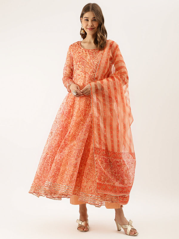 Women's Orange Floral Print Organza Anarkali Kurta Set With Dupatta - Noz2Toz