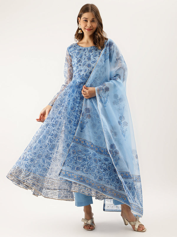 Sky Blue Floral Printed Organza Anarkali Kurta Dupatta Set with Cotton Lining