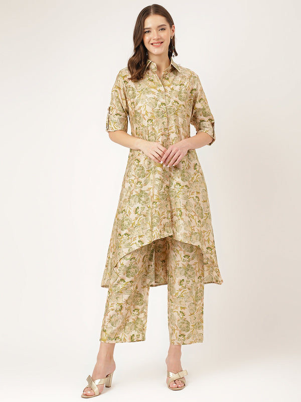 Women's Green Foil Printed Chanderi Co-ord Set - Taantav