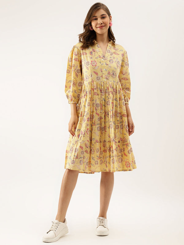 Women's Yellow Floral Printed Cotton Dress - Noz2Toz