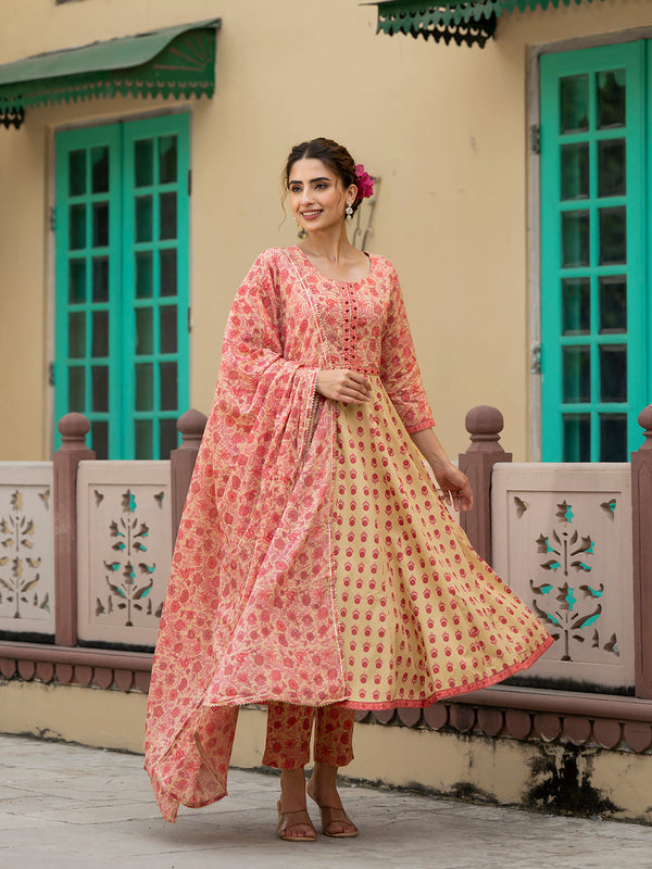 Jashvi Peach Floral Print Pure Cotton Anarkali Kurta & Trouser with Dupatta