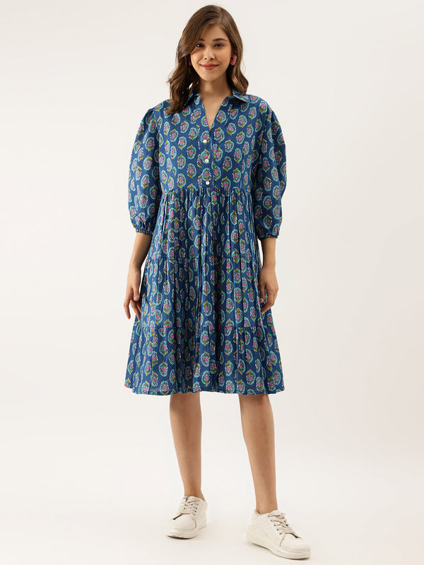 Women's Blue Paisley Printed Cotton Dress - Noz2Toz