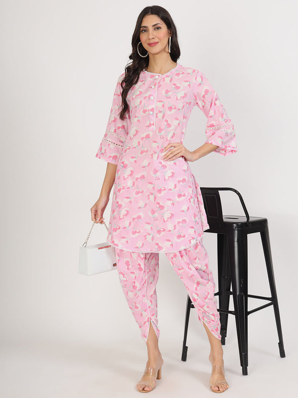 Women's Pink Floral Printed Cotton Co-Ord Set - Taantav