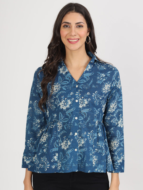 Jashvi Indigo Blue Cotton Shirt Style Top