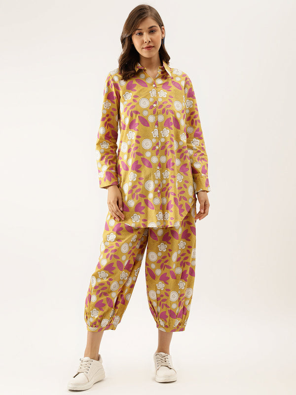 Women's Mustard Floral Print Cotton Co-Ord Set - Noz2Toz