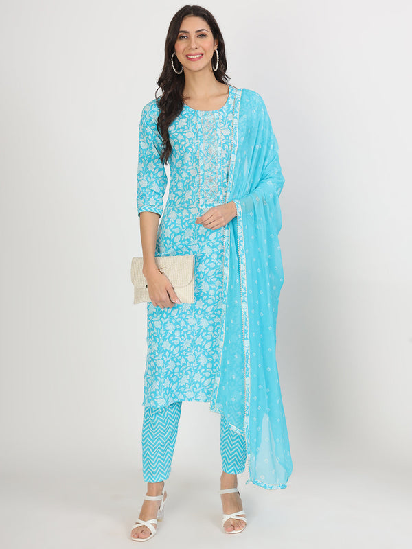 Women's turquoise blue Floral Print Cotton Kurta pants with Dupatta set for women - Taantav