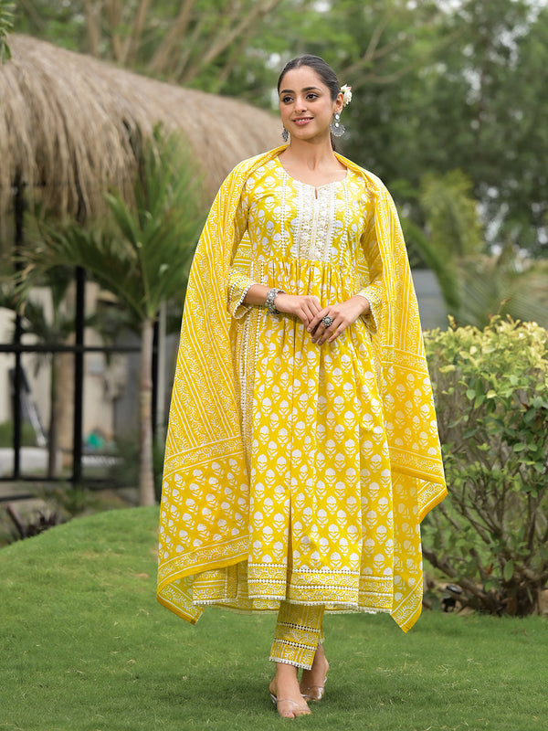 Women's Yellow Floral Print Cotton Kurta Pants with Dupatta set for women - Taantav