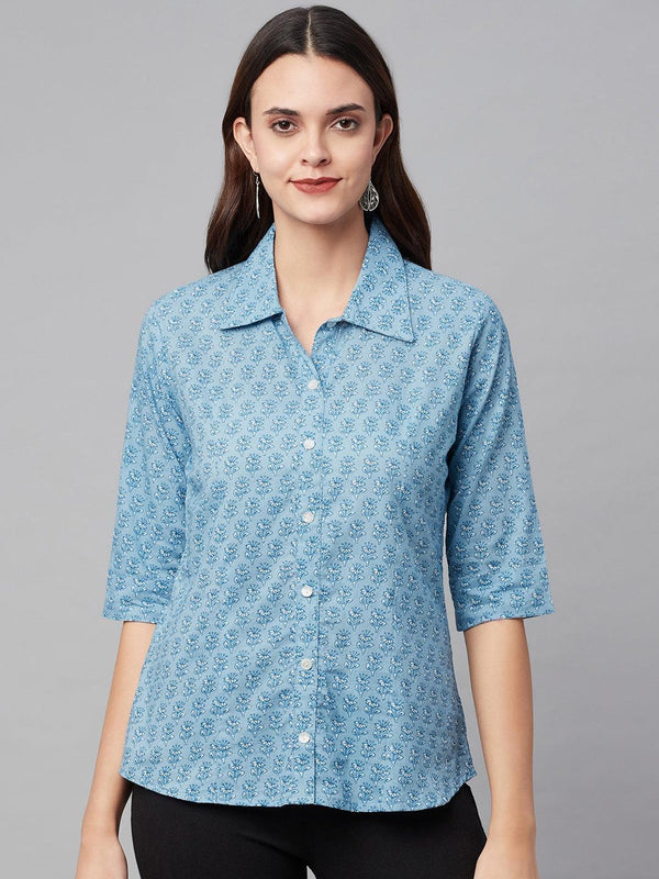 Women's Sky Blue Block Printed Casual Shirts - Taantav