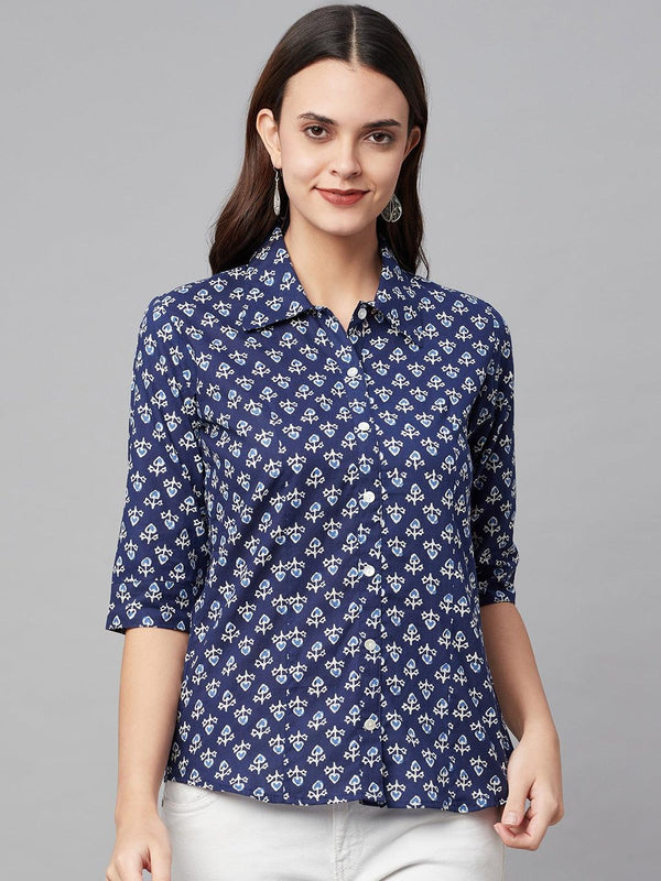 Women's indigo Block Printed Casual Shirts - Taantav