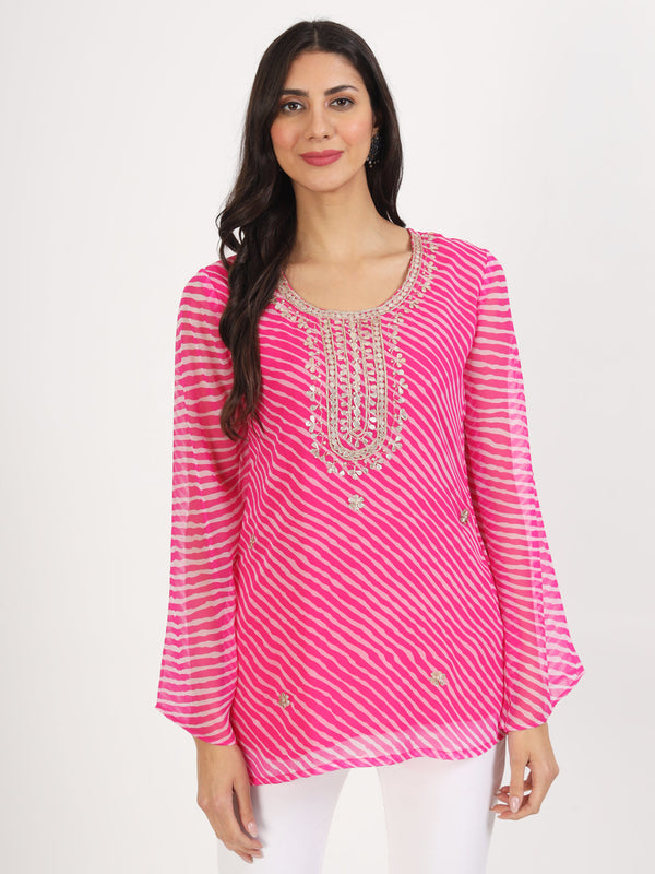 Women's Pink Leheriya Print Georgette Kurti - Taantav